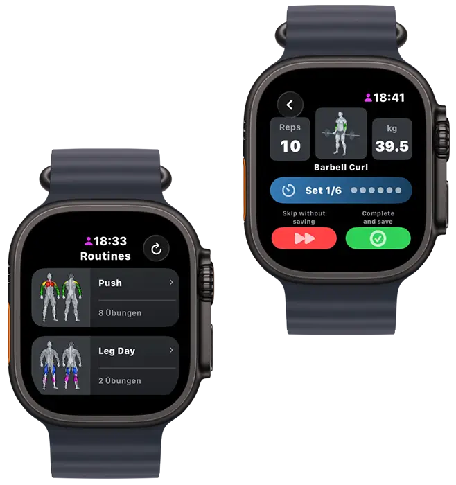 VigiGym on Apple Watch – log workouts, track sets and reps directly from your wrist VigiGym Apple Watch app showing workout routines and exercise tracking with sets, reps, and weight