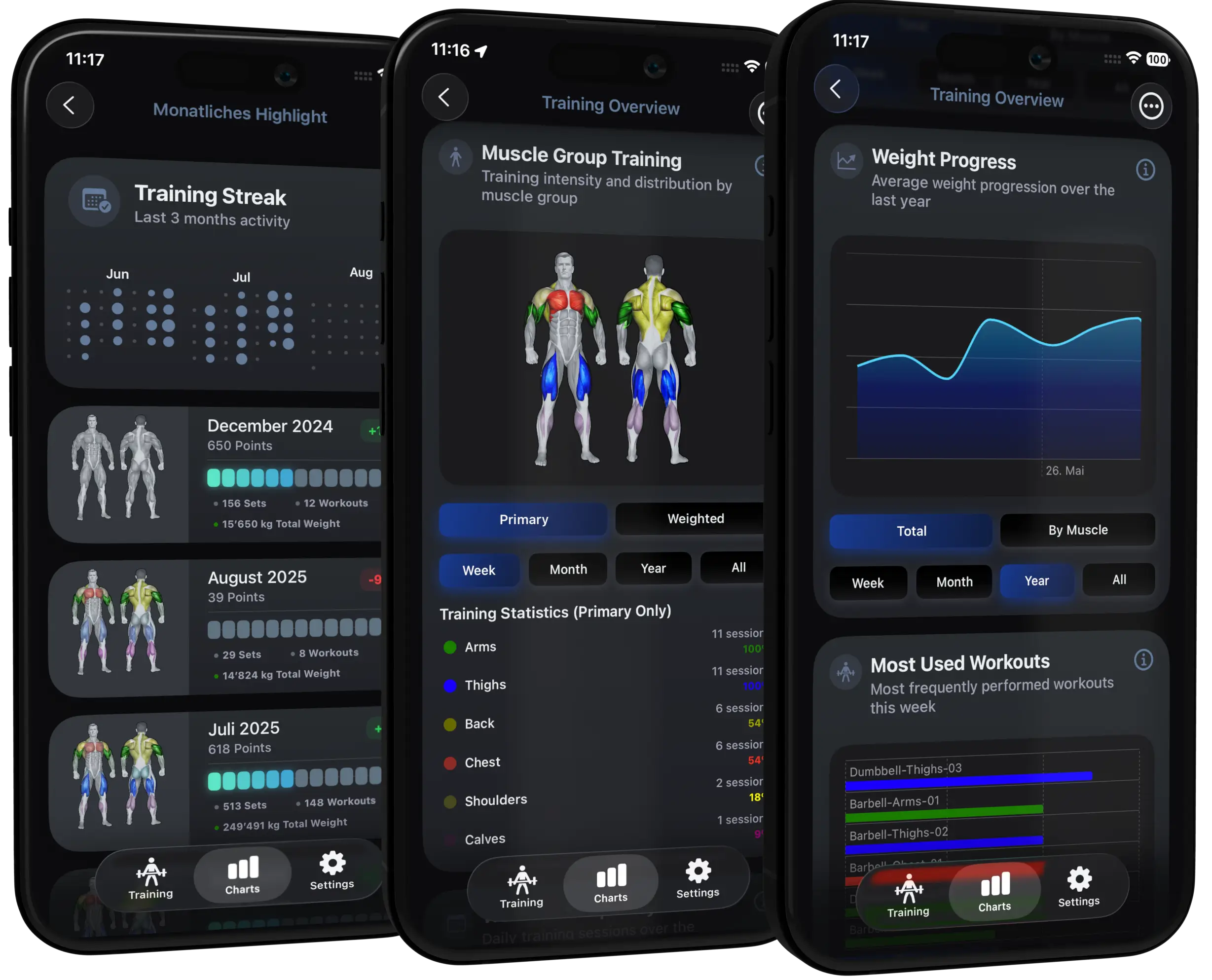 VigiGym App Screenshots - Training Overview with Muscle Maps, Weight Progression, and Detailed Lift Stats. Screenshots of the VigiGym app displaying training overview, muscle group training distribution, weight progression charts, and detailed stats for weekly, monthly, and yearly lifts.